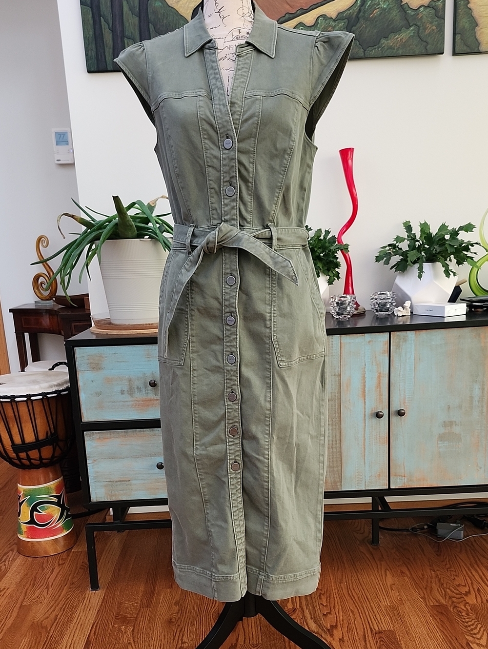 PAIGE Jaxsyn Midi Shirtdress in Vintage Ivy Green - Size 8
